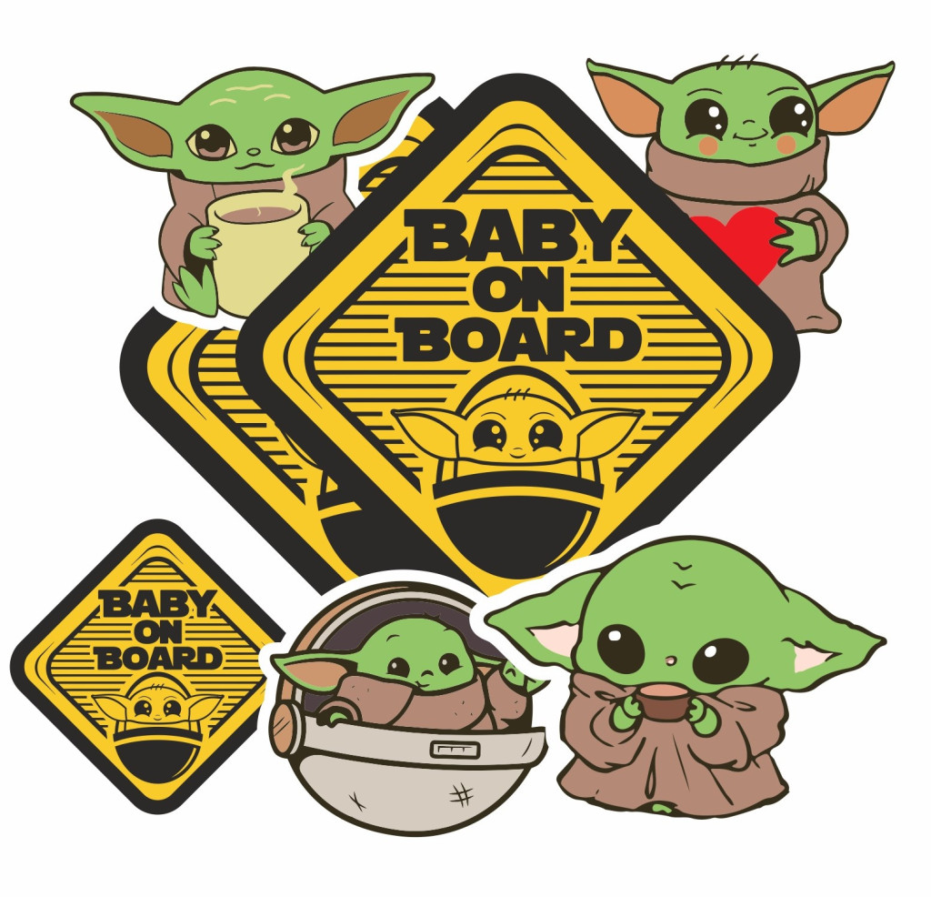 Наклейка "Ребёнок в машине " 2 шт. BABY YODA ON BOARD 15х15 см. и подарочный стикерпак Мандалорец